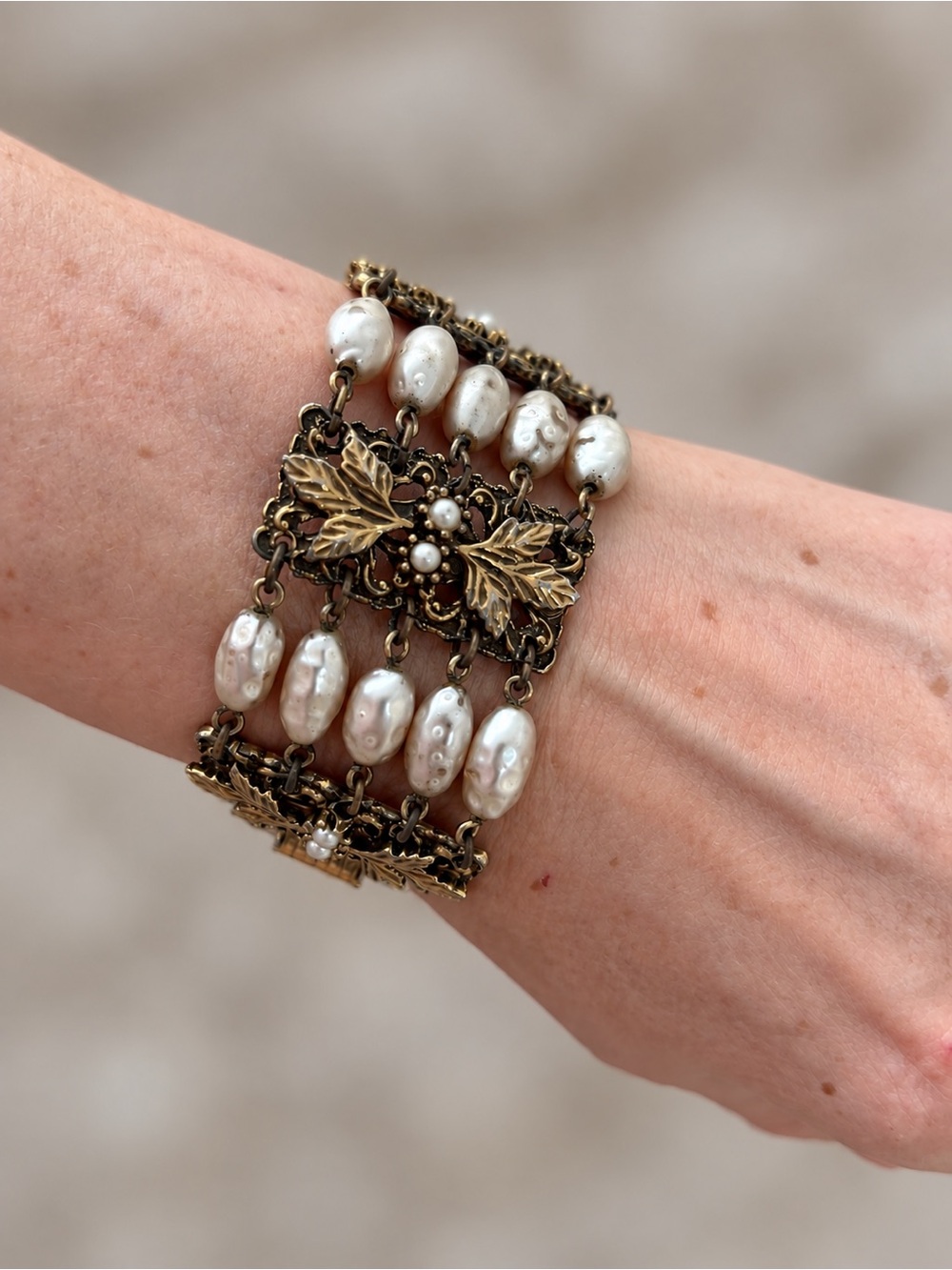 Vintage TARA 5 Row Faux Pearl Bracelet Gold Tone Statement
